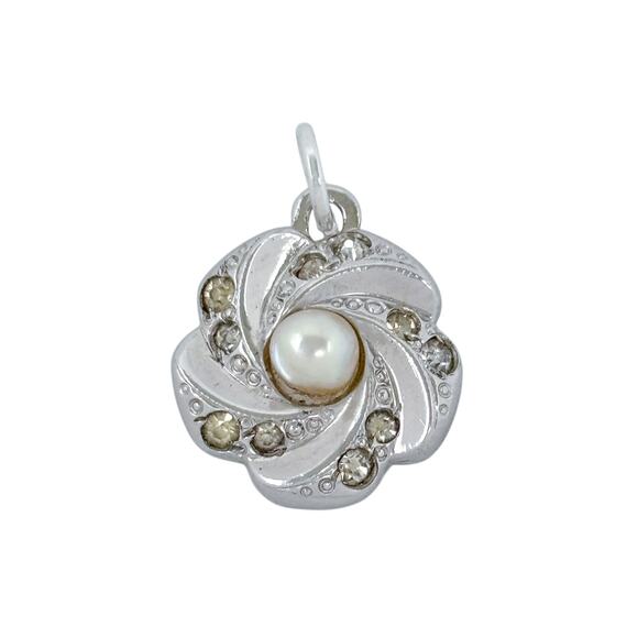 Estate Pearl And Cubic Zirconia Sterling Silver 925 Slide Pendant - Picture 3 of 8